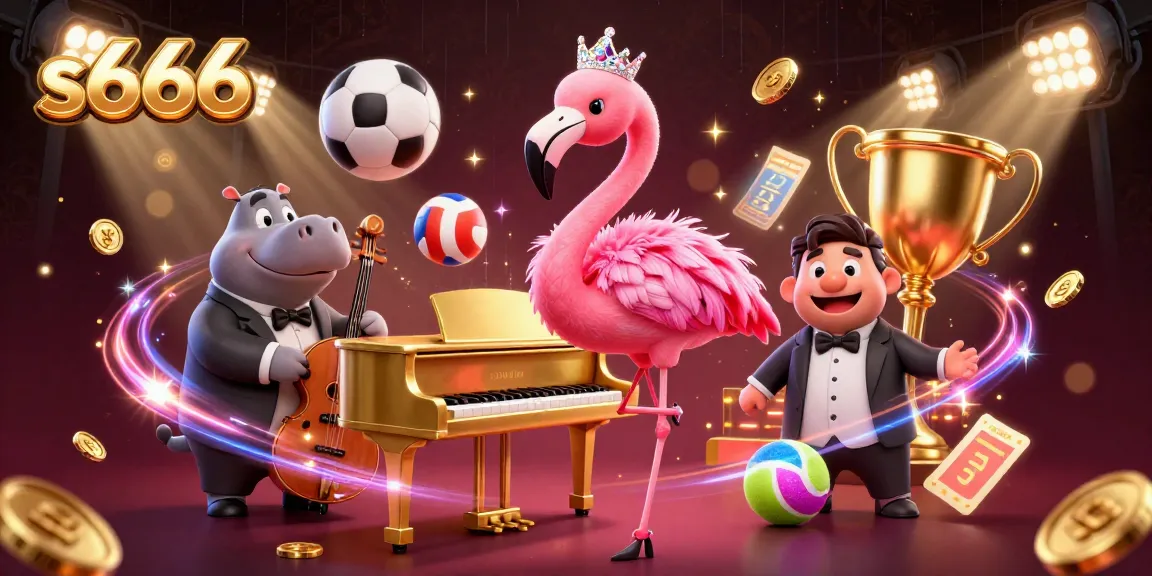 S666 brings excitement in a vibrant casino illustration, showcasing fun sports elements like soccer and baseball.