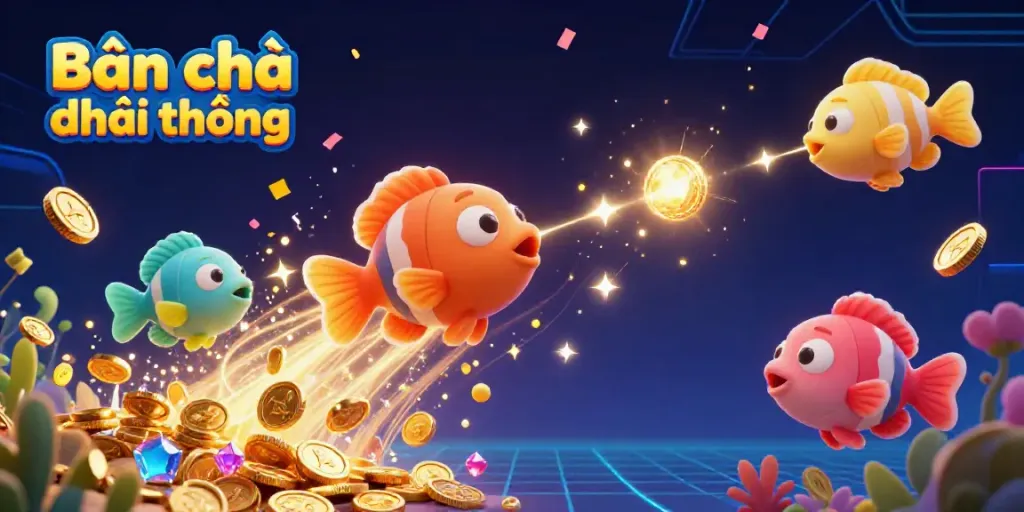 Capture the excitement of Bắn cá đổi thưởng with colorful underwater fish and dynamic gameplay elements showcasing treasure hunting.