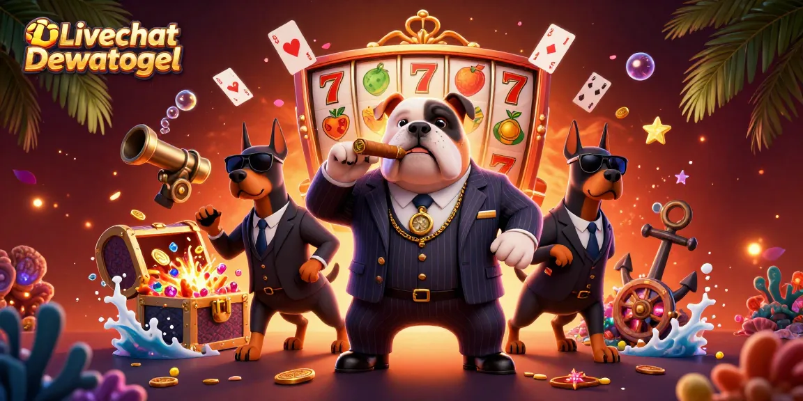 Engage with Livechat Dewatogel as a mafia boss dog oversees a rich casino scene filled with gaming elements.