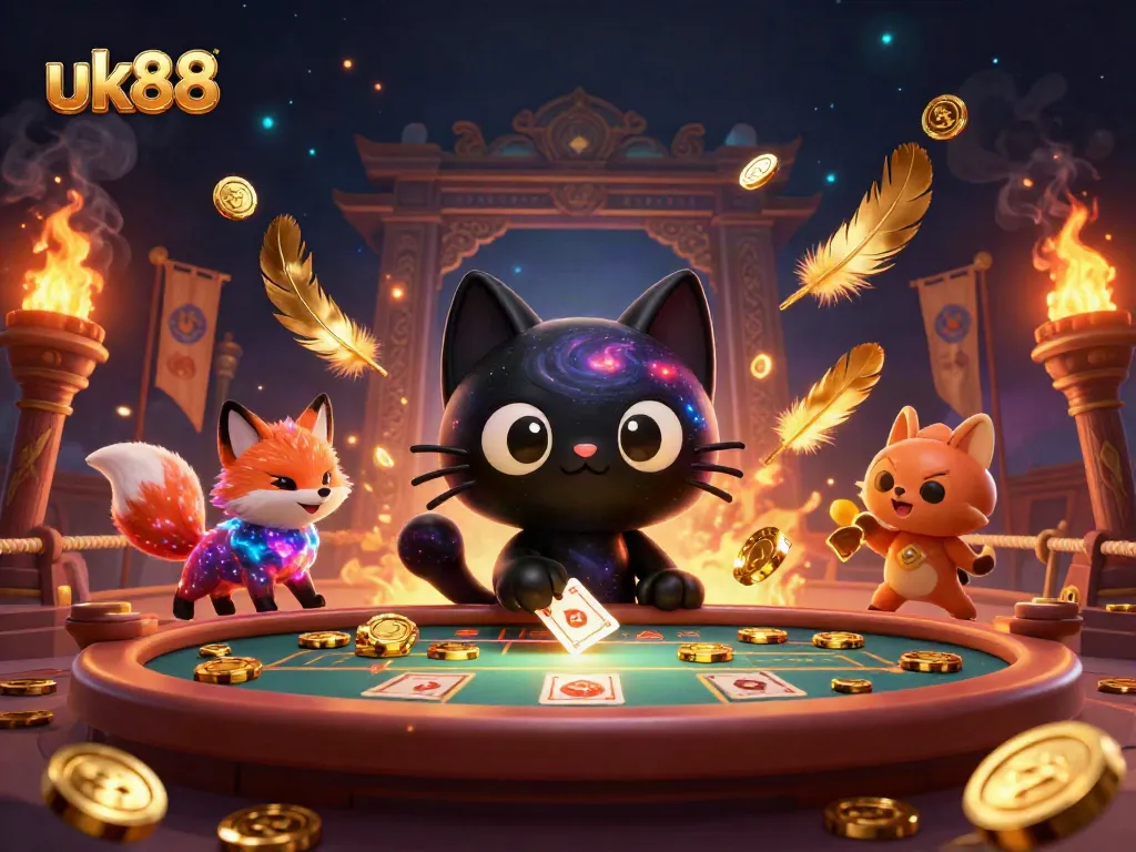 Experience thrilling moments at uk88 with a black hole cat attracting casino chips in a cosmic scene.