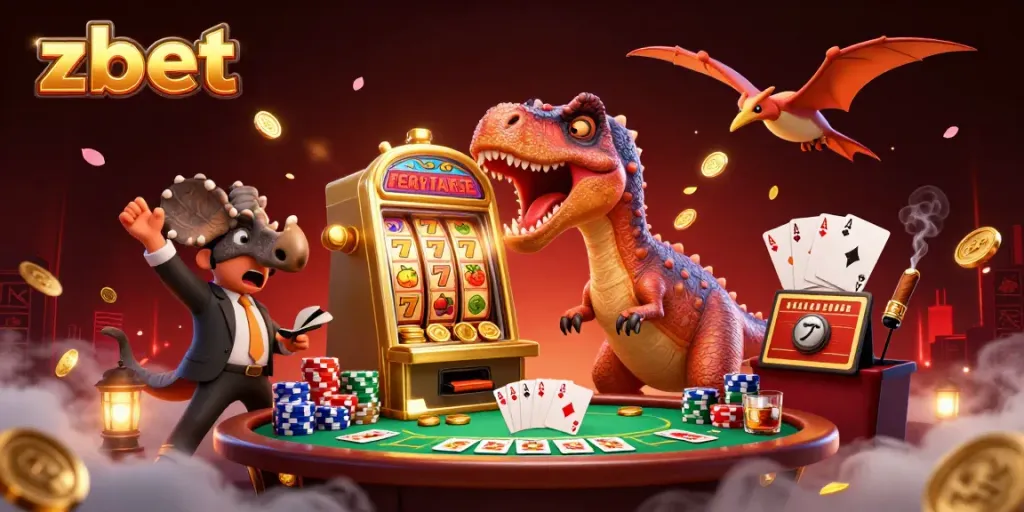 Zbet gaming scene with cartoon dinosaurs engaging in a jackpot action at a slot machine.
