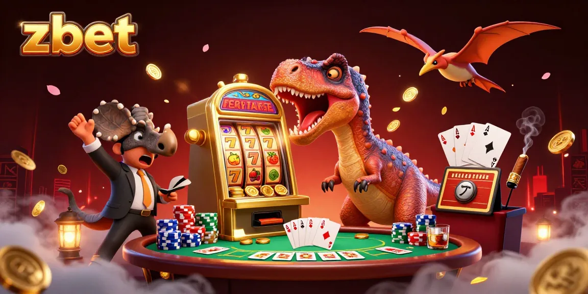 Zbet gaming scene with cartoon dinosaurs engaging in a jackpot action at a slot machine.