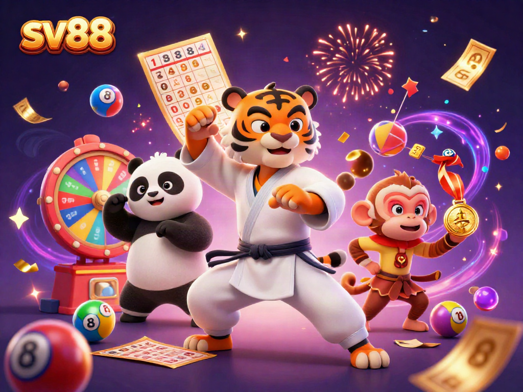 Experience the excitement of sv88 with a kung fu tiger, panda, and monkey surrounded by dynamic casino elements.