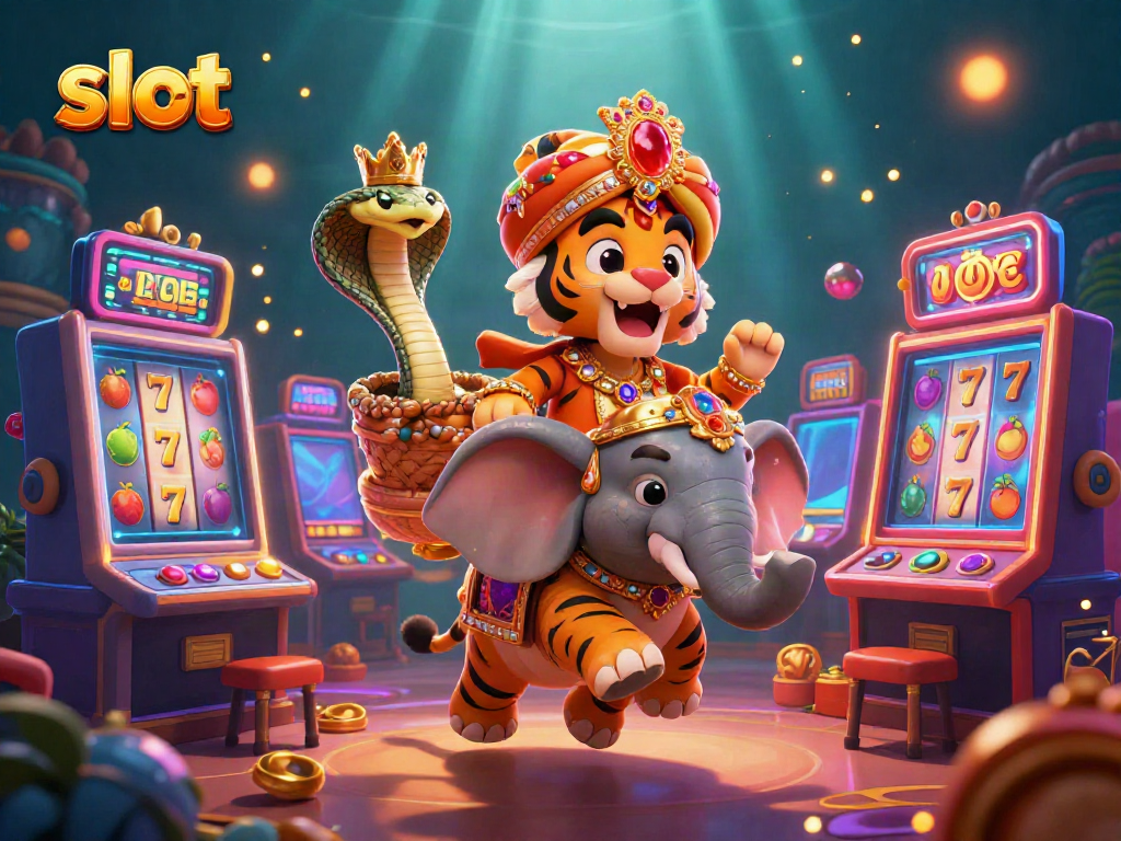 Spin slot machines with vibrant 3D elements and animated characters in a rich casino scene.