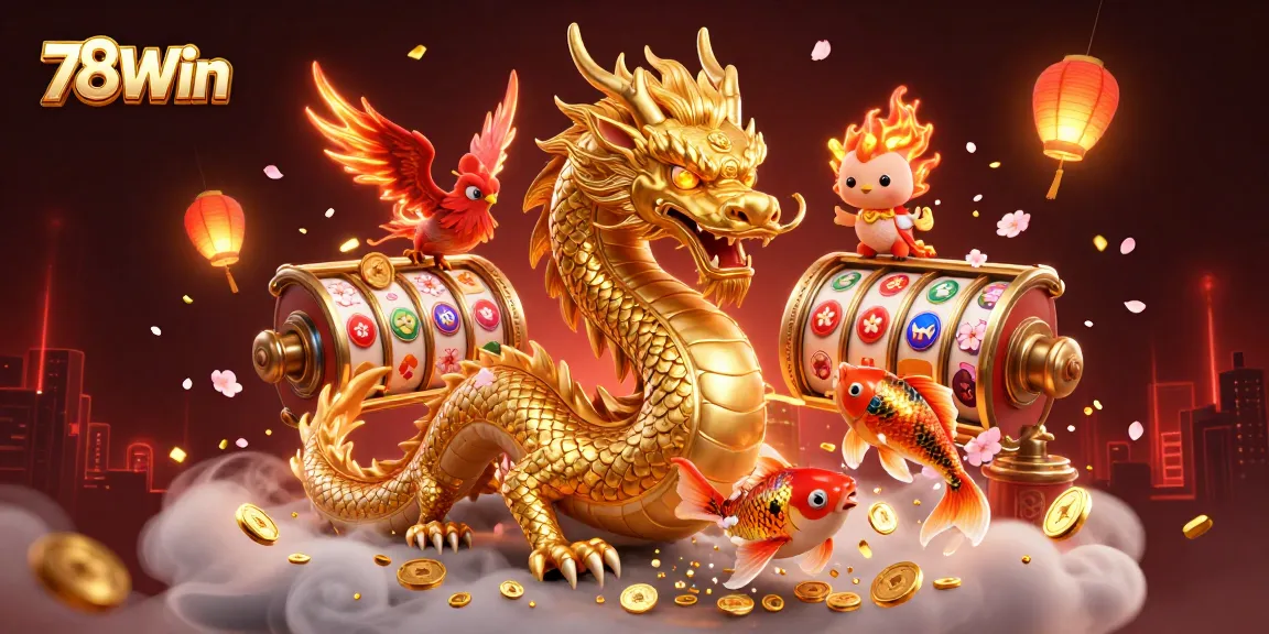 Experience the thrill of 78Win with golden dragon and koi fish amidst glowing casino reels.