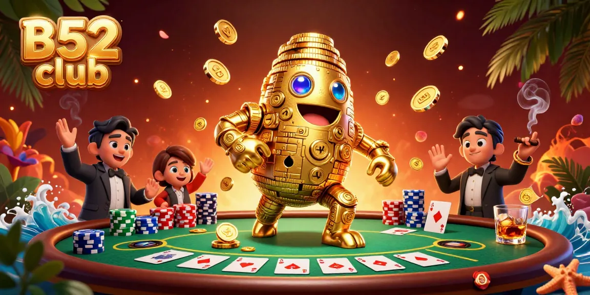 Experience the thrill at B52 club with a golden golem surrounded by dynamic poker elements.