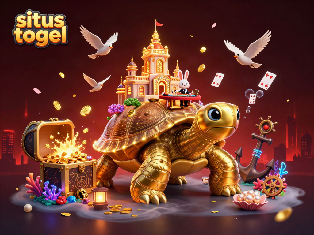 Experience situs togel excitement in a vibrant casino scene featuring a golden tortoise and a rabbit dealer.