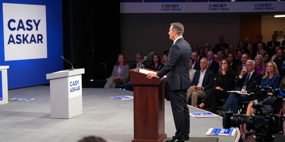 Casey Askar debating on stage with campaign banners, highlighting political tensions.
