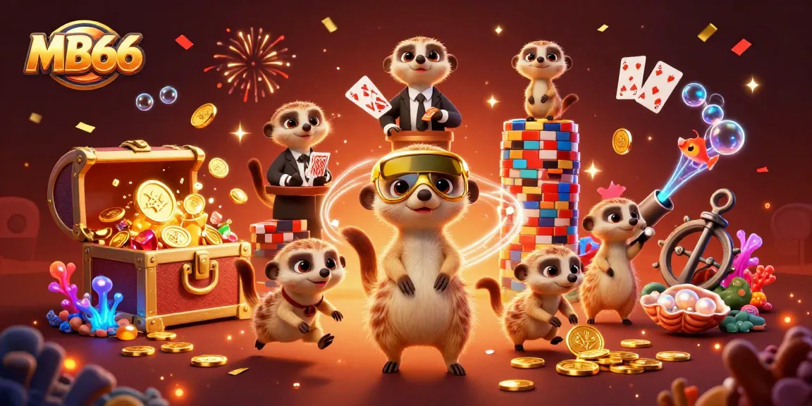 Experience the thrill of casino gaming with MB66, depicted in a vibrant meerkat-operated casino scene full of surprises.