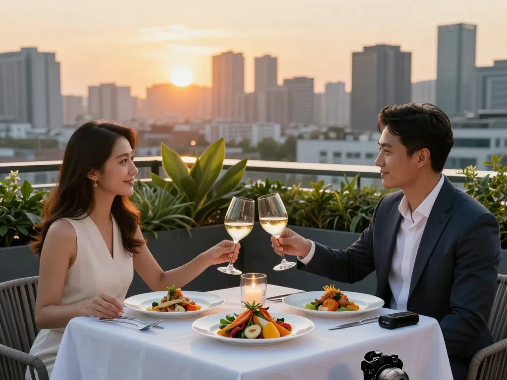 NoHu rooftop dining experience featuring a couple enjoying gourmet seafood with a city skyline background.
