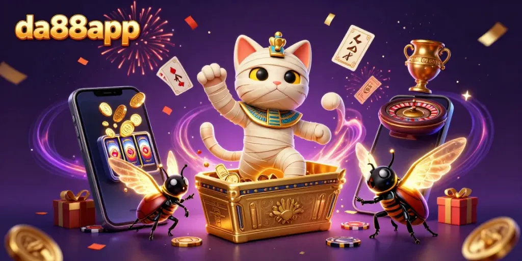 Engage with da88app's vibrant casino world as an Egyptian mummy cat shines amidst golden winnings.