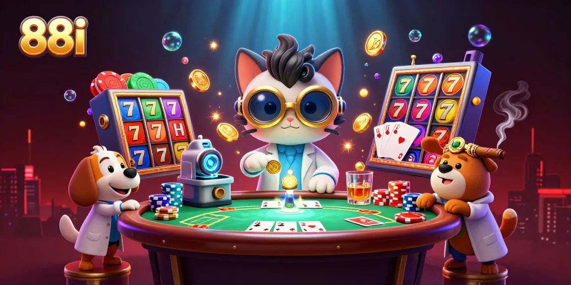 88i showcases an engaging casino scene with a mad scientist cat and dog assistant creating a gold-coin machine.