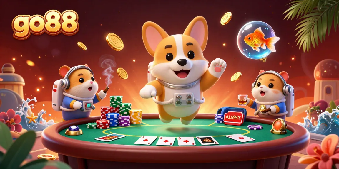 Experience thrilling gameplay at go88 with a 3D illustration of an astronaut corgi in a cosmic casino.