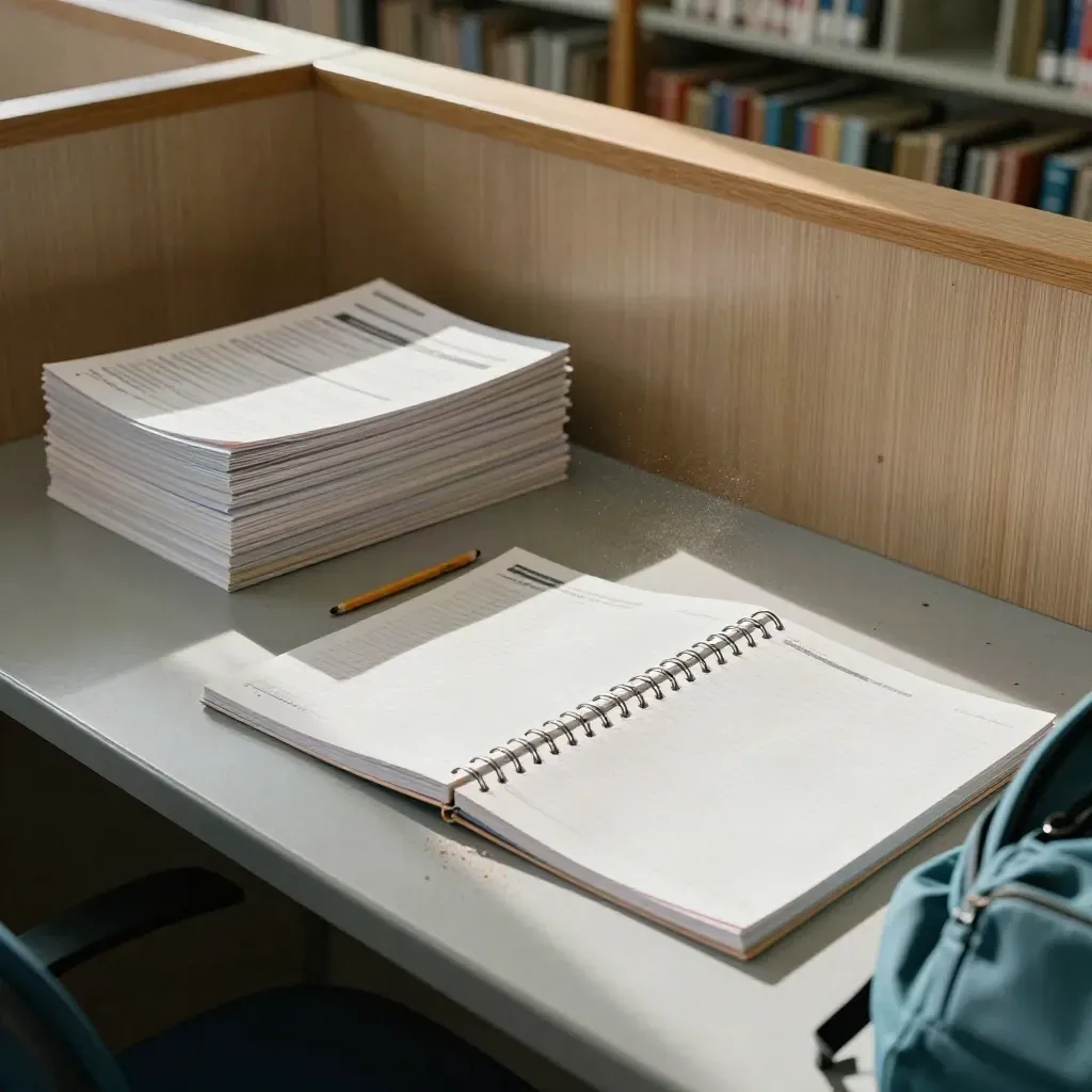 Spiral math booklets and graph-paper cards on a library carrel in warm afternoon light.