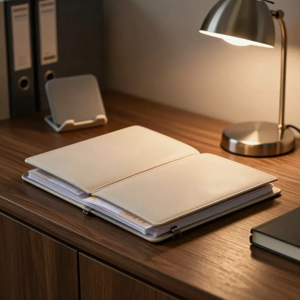 Open tutor referral folder with sleeves, phone stand, and desk lamp glowing on a sideboard.