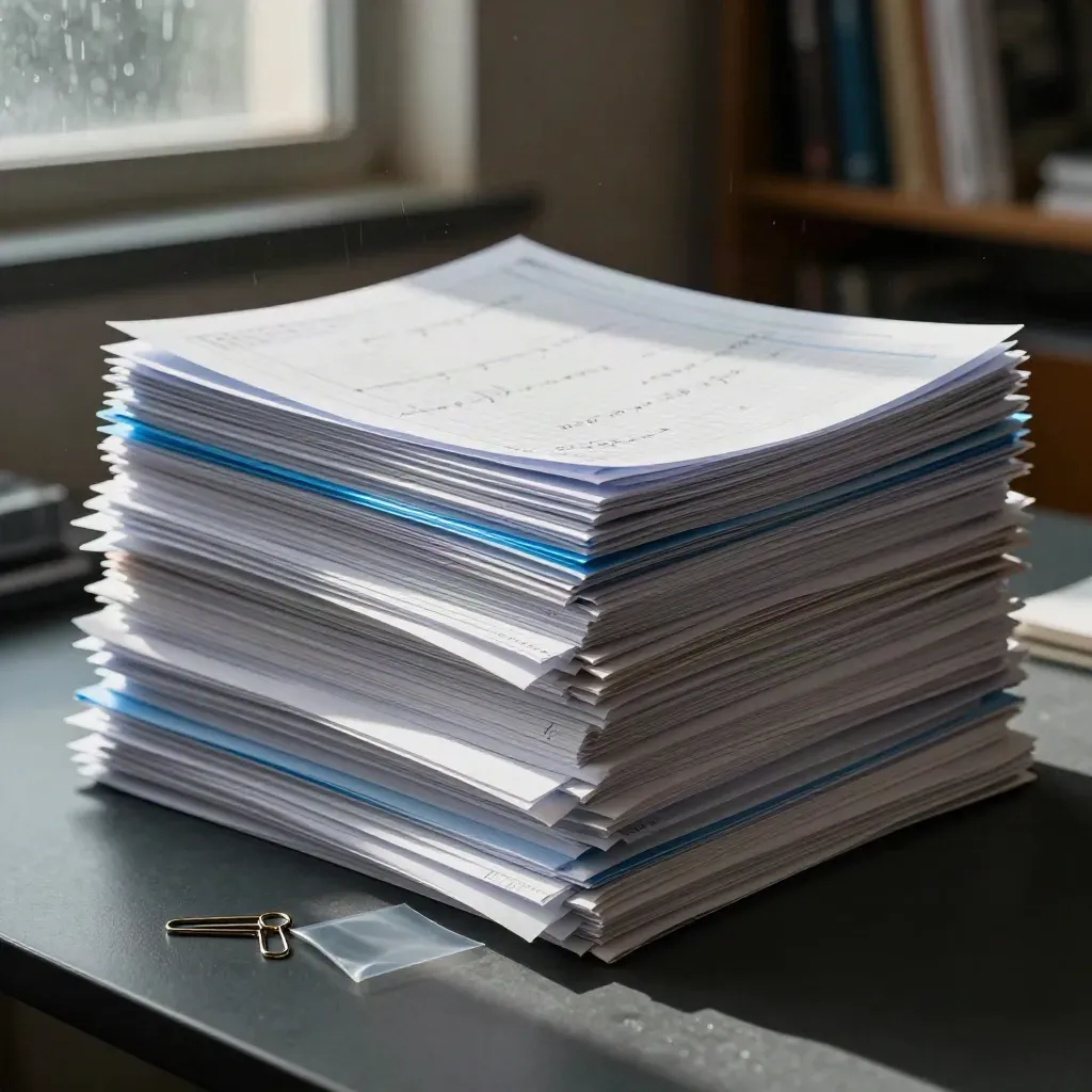 Math resource packets and study guides stacked on a dark desk in dramatic rain-lit light.