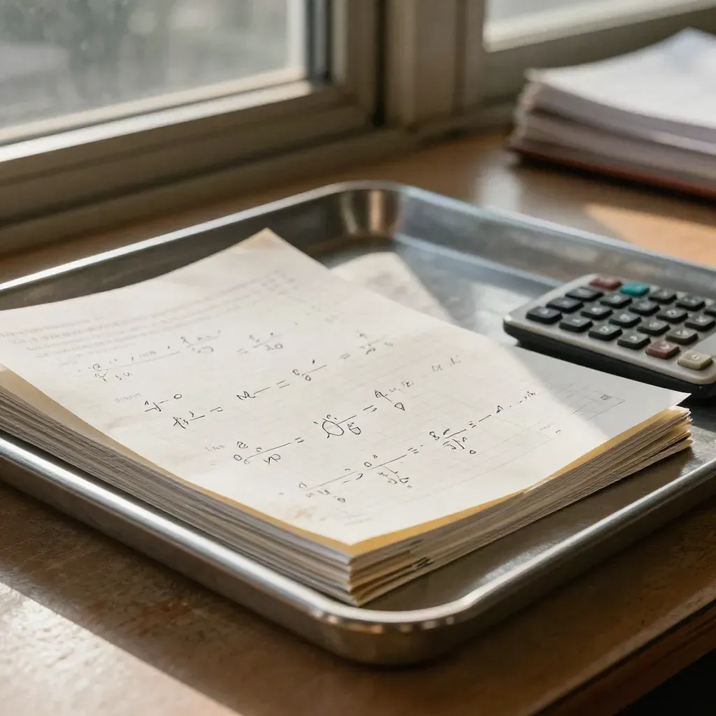 Macro of an algebra file tray with lifted pages, graph notebook and calculator on a student desk.