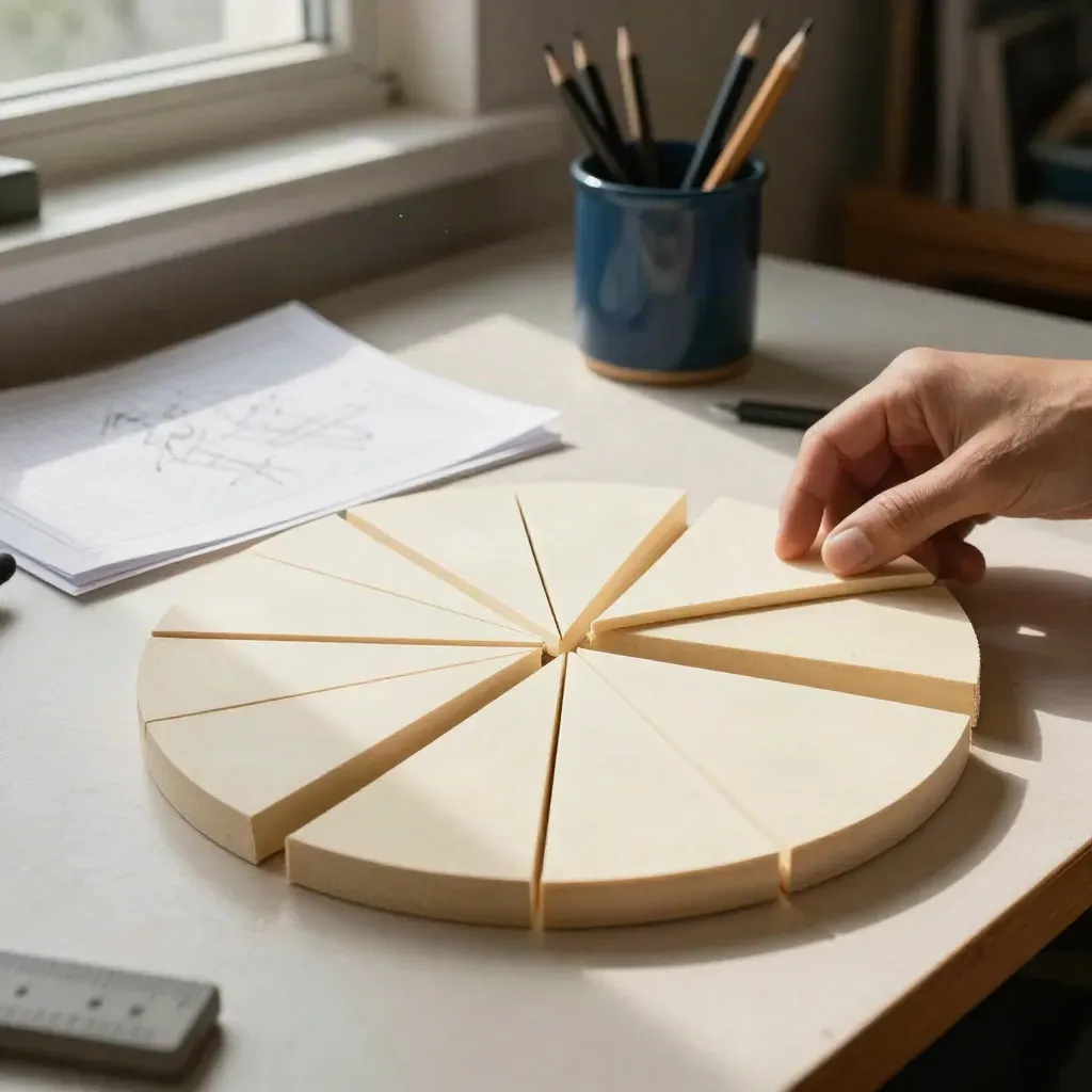 Fraction cutouts, graph paper, and a navy pencil cup on a pale study desk.