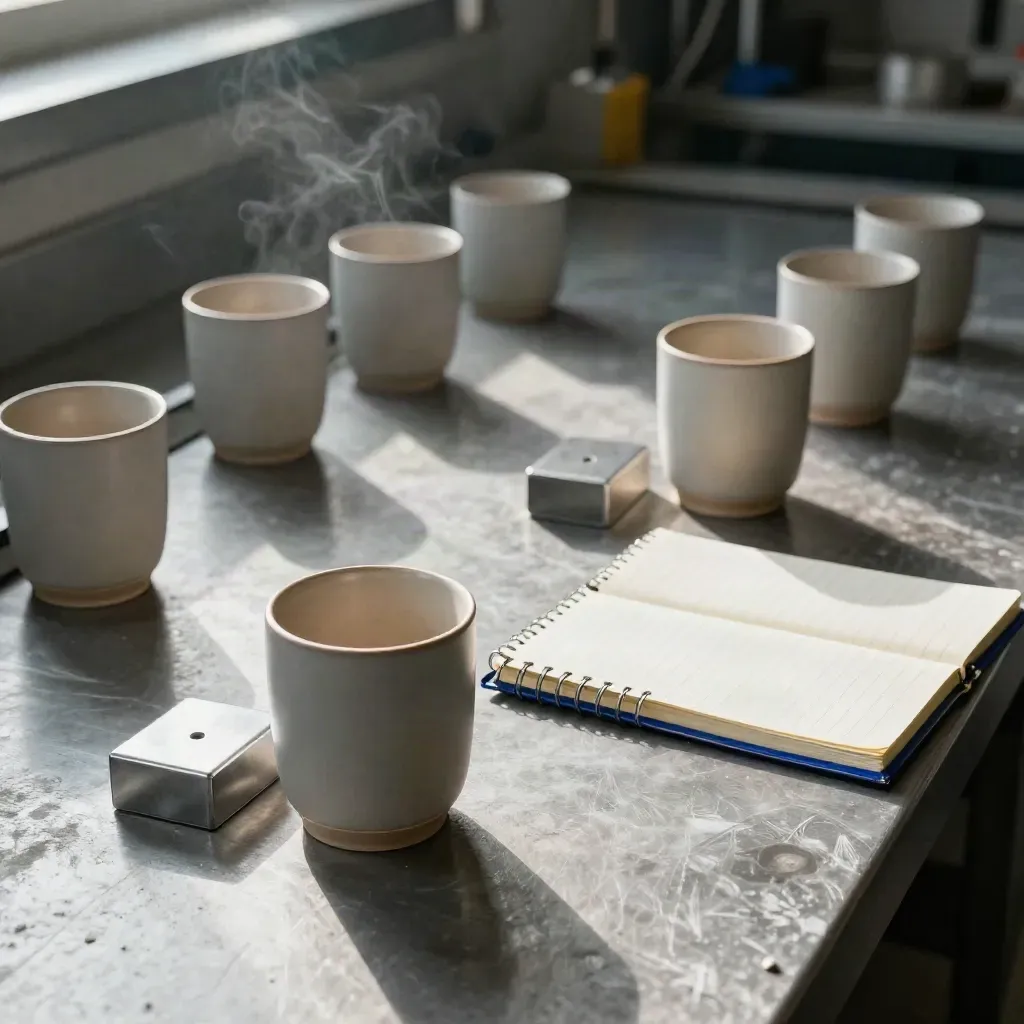 Paired cups, balance blocks, and a ruled notebook on a steel workbench in cool daylight