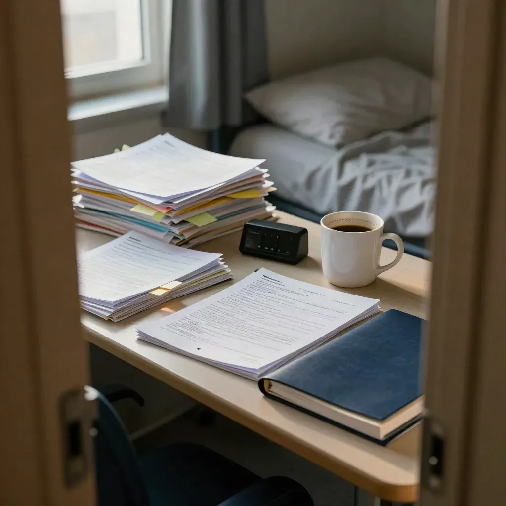 Dorm desk with exam review bundle, timer, coffee mug, and dawn window light.