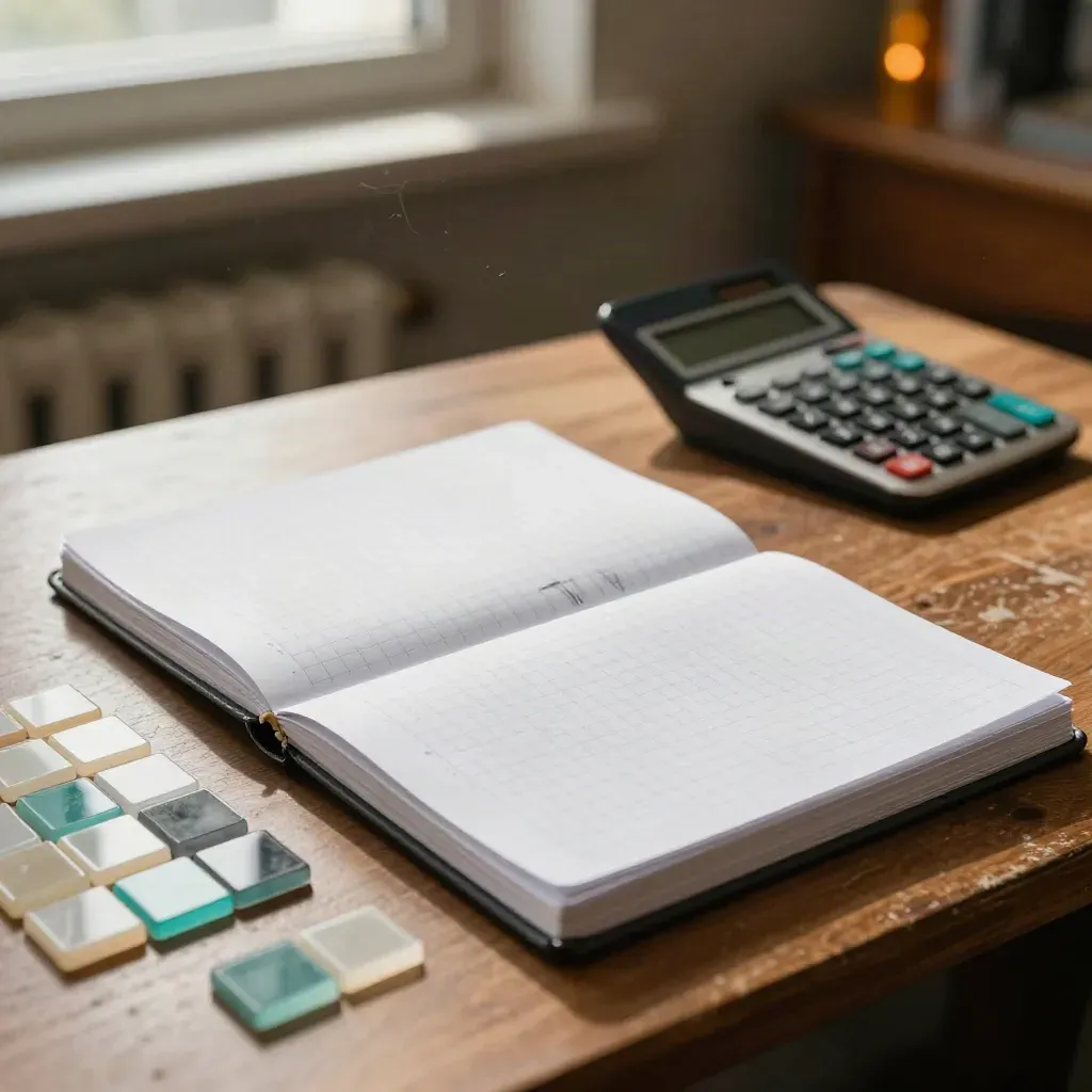 Graph-paper notebook, algebra tiles, and calculator on a classroom desk in warm late-afternoon light.