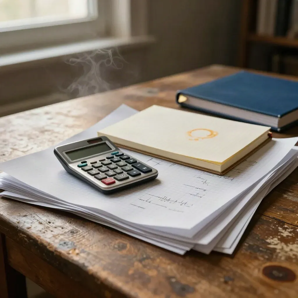 Cobalt calculator, coffee-ringed notebook, and curved calculus sheets on a study table at dawn.