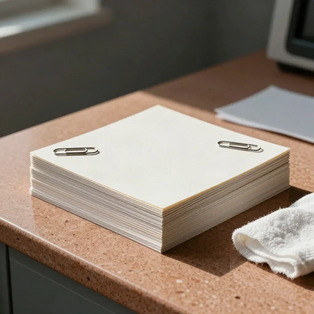 Stack of classroom handouts with paper clips and folded cloth on a print-room counter
