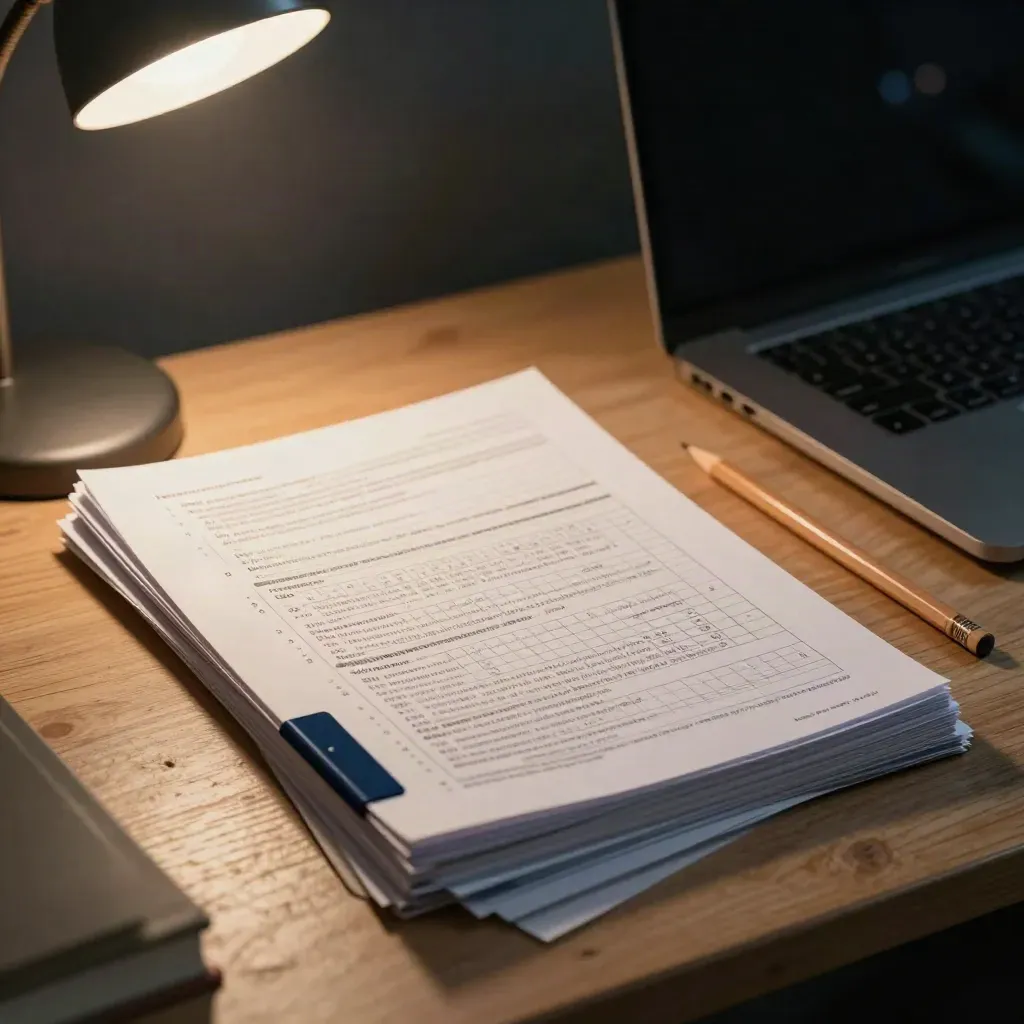 Late-night SAT prep packet, grid sheets, pencil, and closed laptop on a dim student desk.