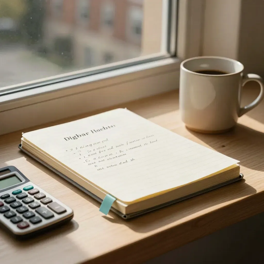 Algebra notebook, calculator, transparent sleeves, and mug on a sunny campus windowsill.