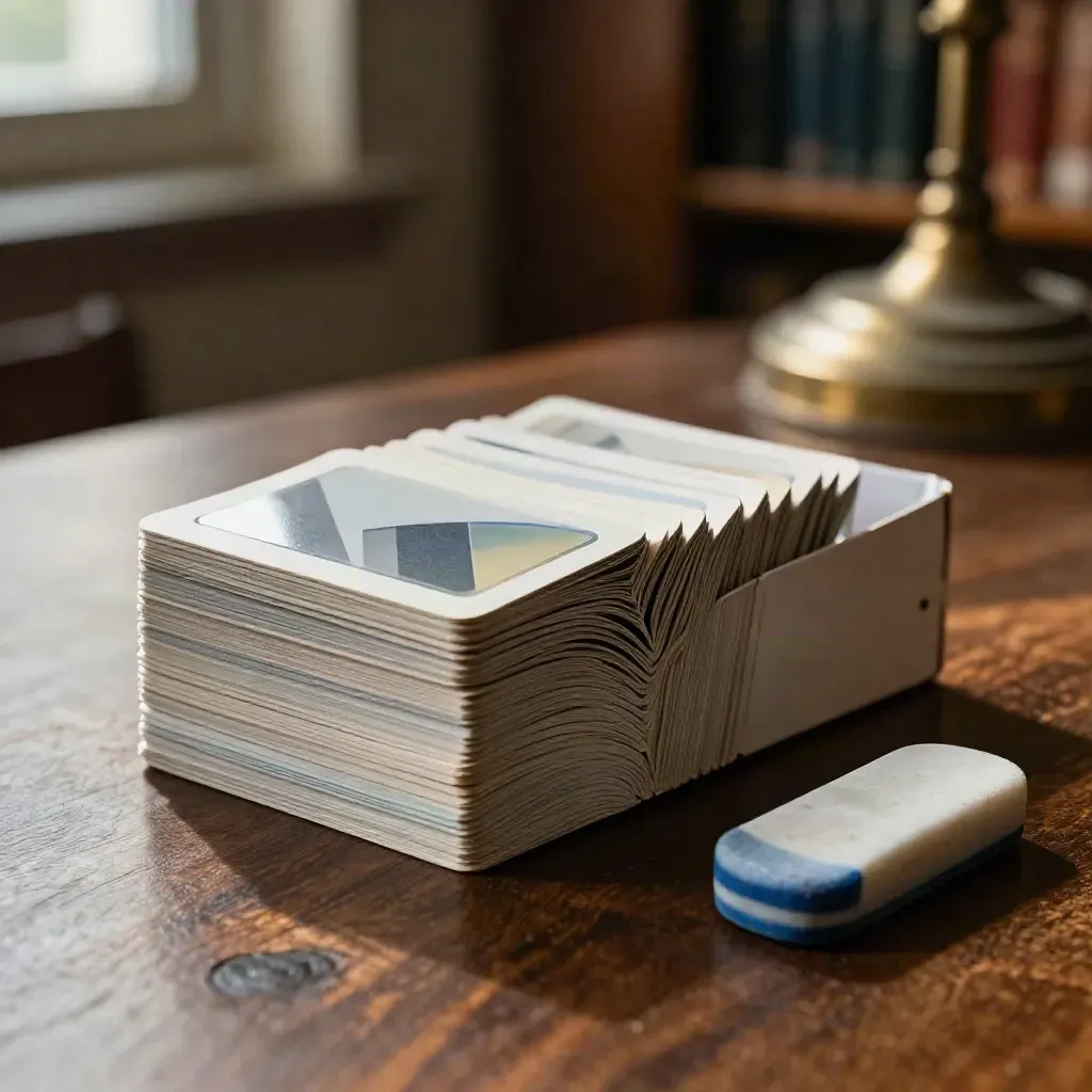 Fraction cards, tiles, and an eraser fanned on a library table in warm light.