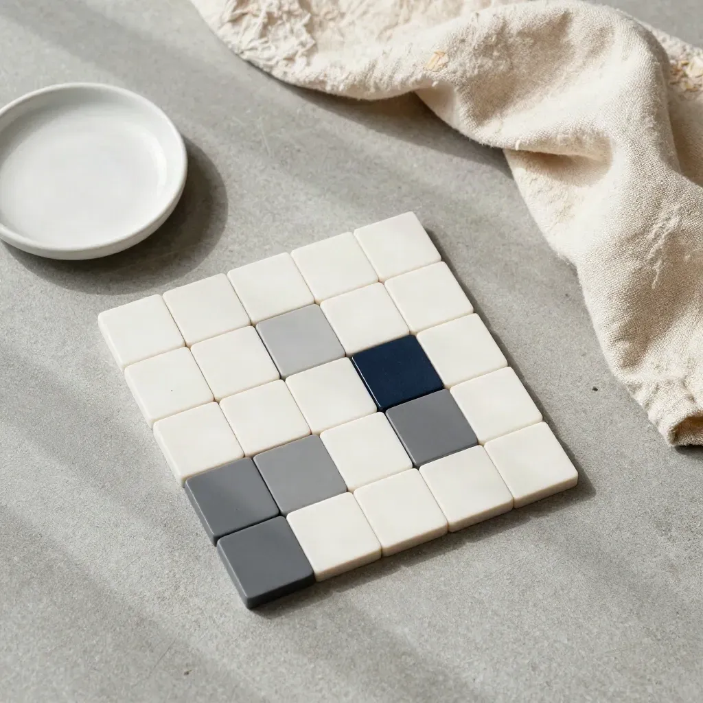 Top-down algebra tiles with dish and linen on concrete, soft daylight, premium editorial still life.