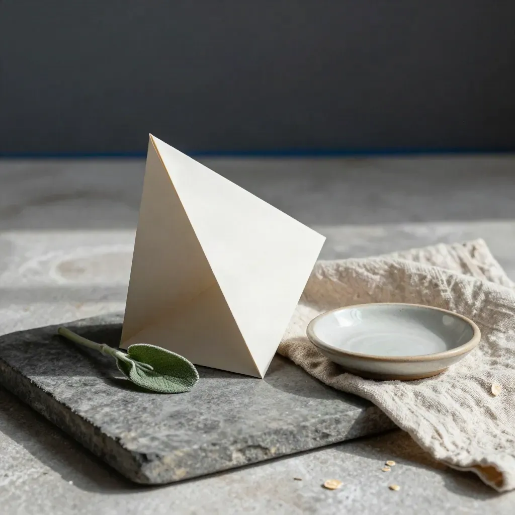 Stone tray with folded paper polygons, a small plant, and ceramic dish in soft upper-left light.