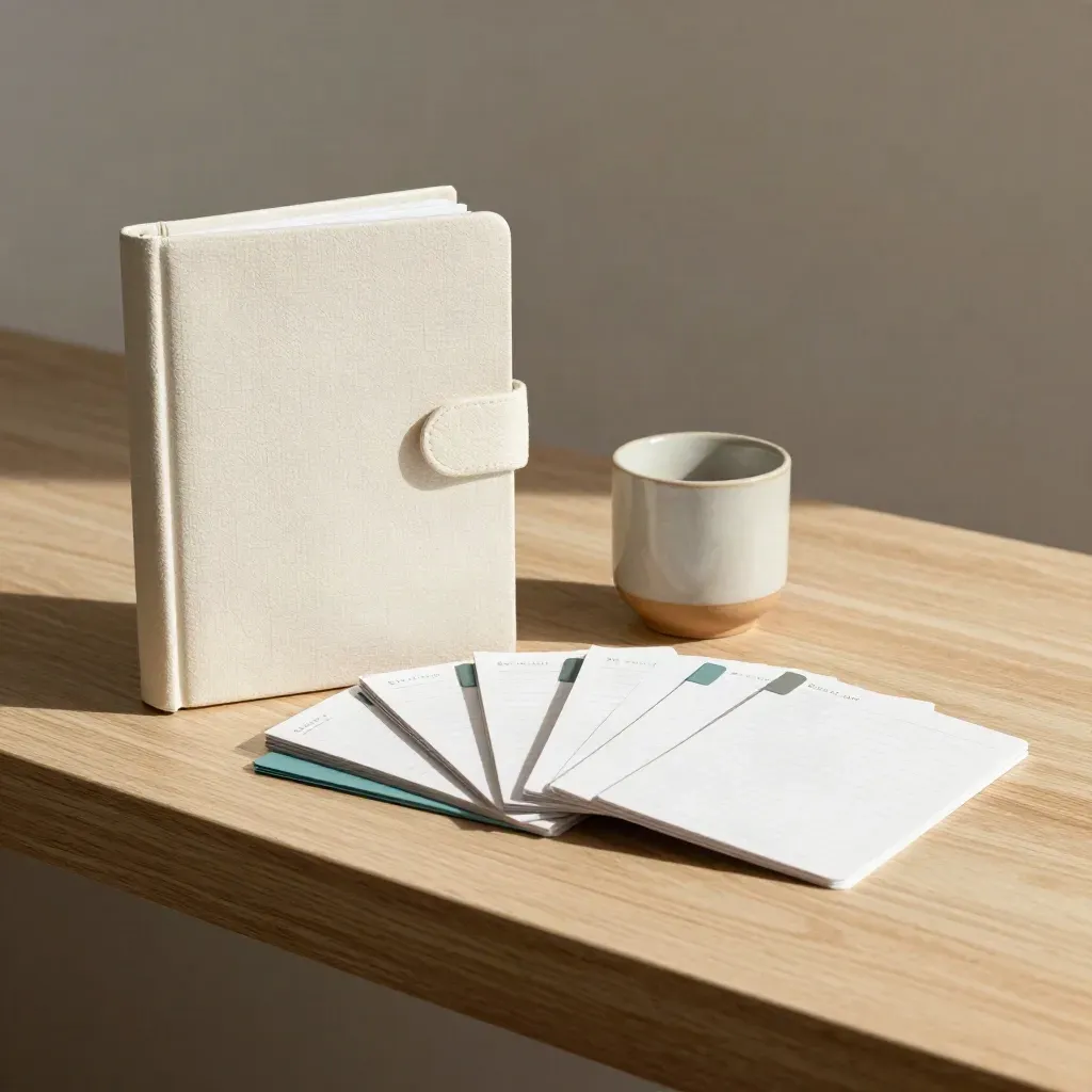 Sealed study planner with tabbed cards and a ceramic cup on a pale wood shelf
