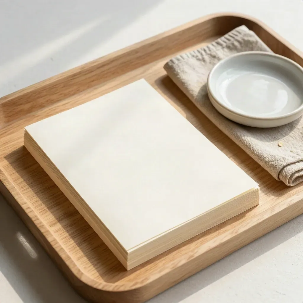 Teacher handout packets on a pale wood tray with cloth and ceramic dish in soft sun.
