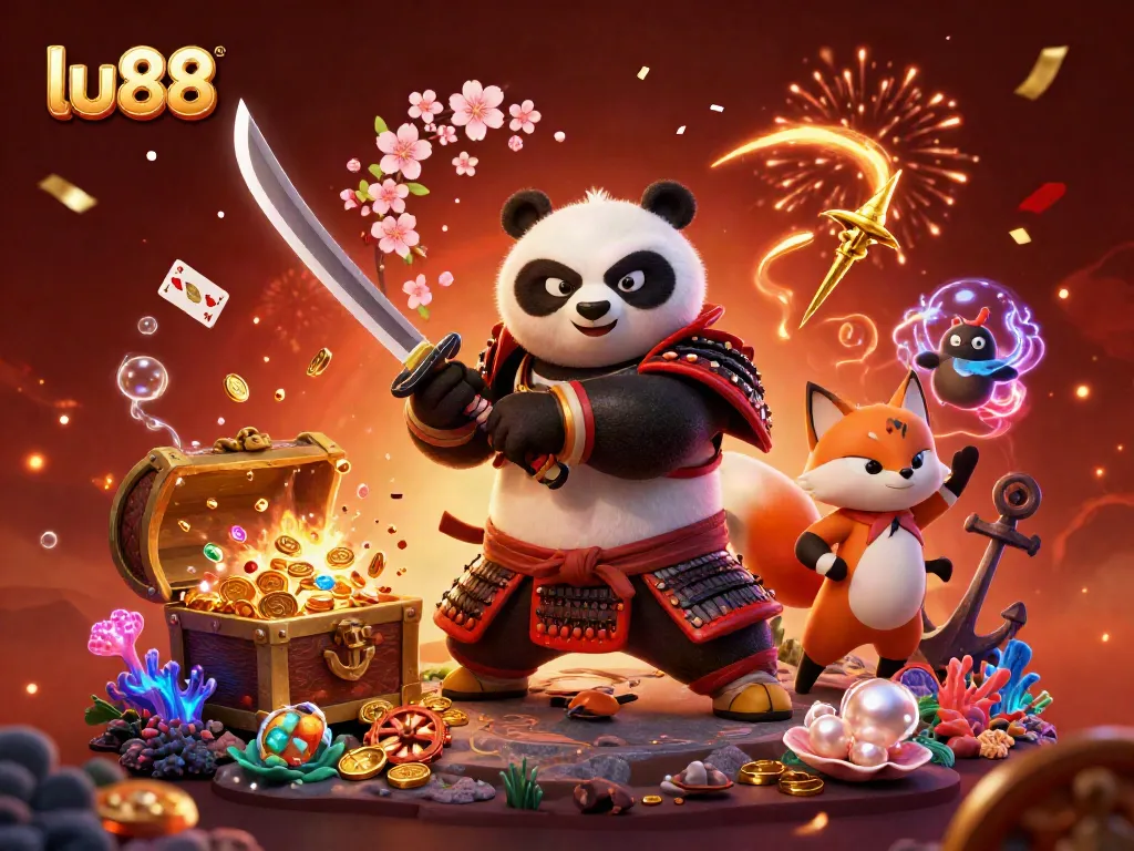 Win big at lu88 with an exciting 3D casino scene featuring a samurai panda and a ninja fox in action.