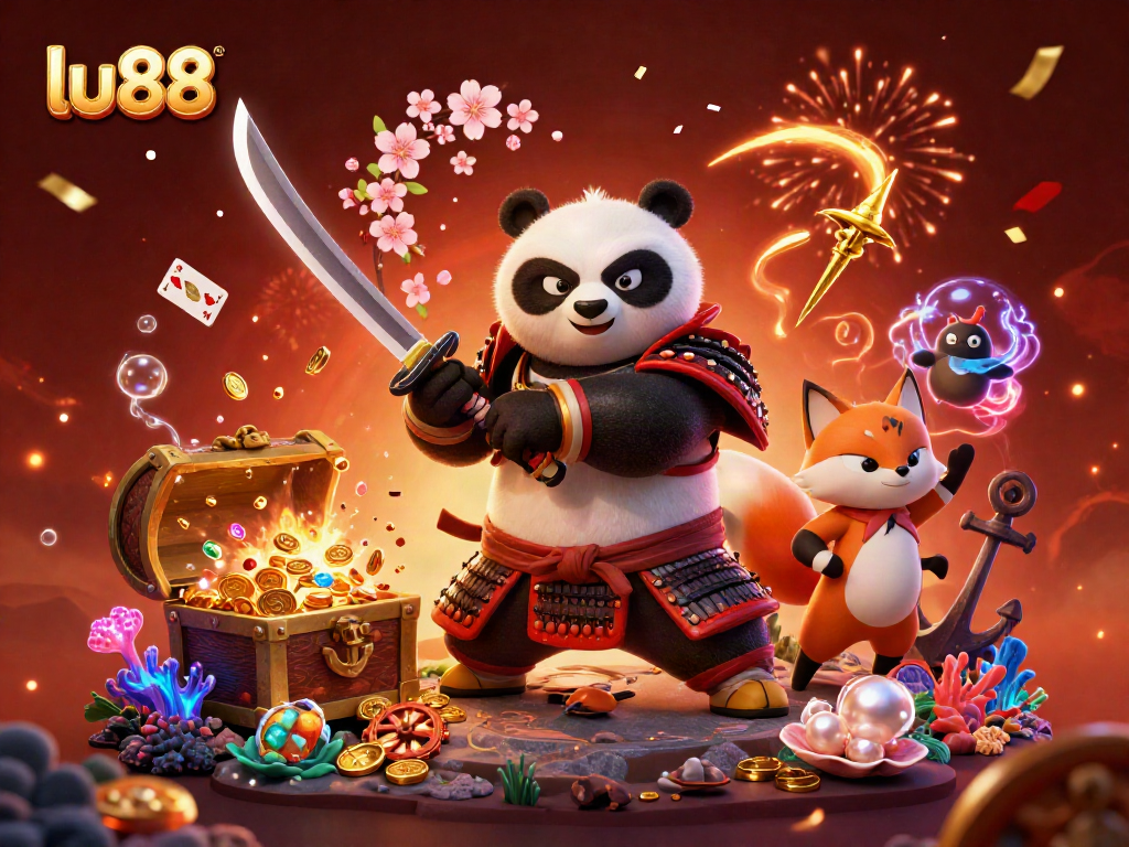 Win big at lu88 with an exciting 3D casino scene featuring a samurai panda and a ninja fox in action.