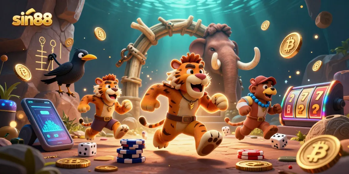 Experience sin88's thrilling casino atmosphere with vibrant characters at a digital gambling hub.
