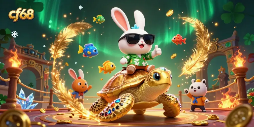 Engage with exciting games at cf68, featuring a lucky rabbit and golden turtle in vibrant casino-themed art.