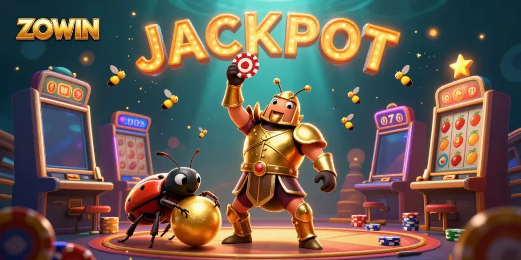 ZOWIN showcases an epic casino scene with a heroic beetle championing poker victories and vibrant slot elements.