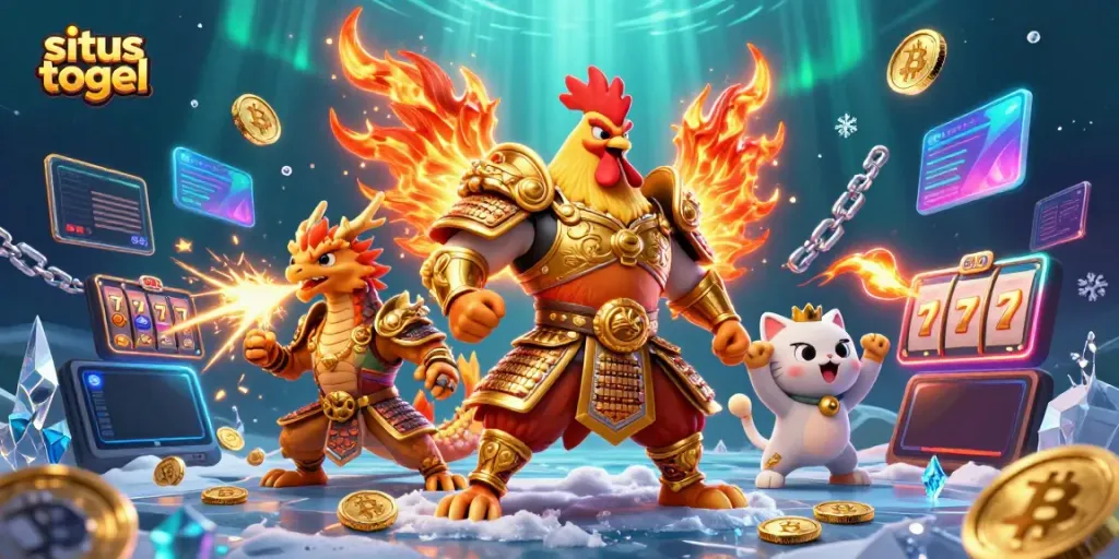 Situs togel features a powerful rooster warrior alongside a dragon and fortune cat, with slot machines.
