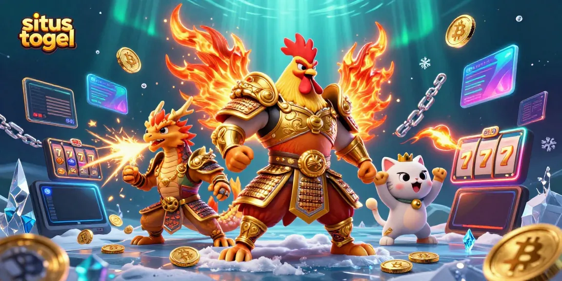 Situs togel features a powerful rooster warrior alongside a dragon and fortune cat, with slot machines.