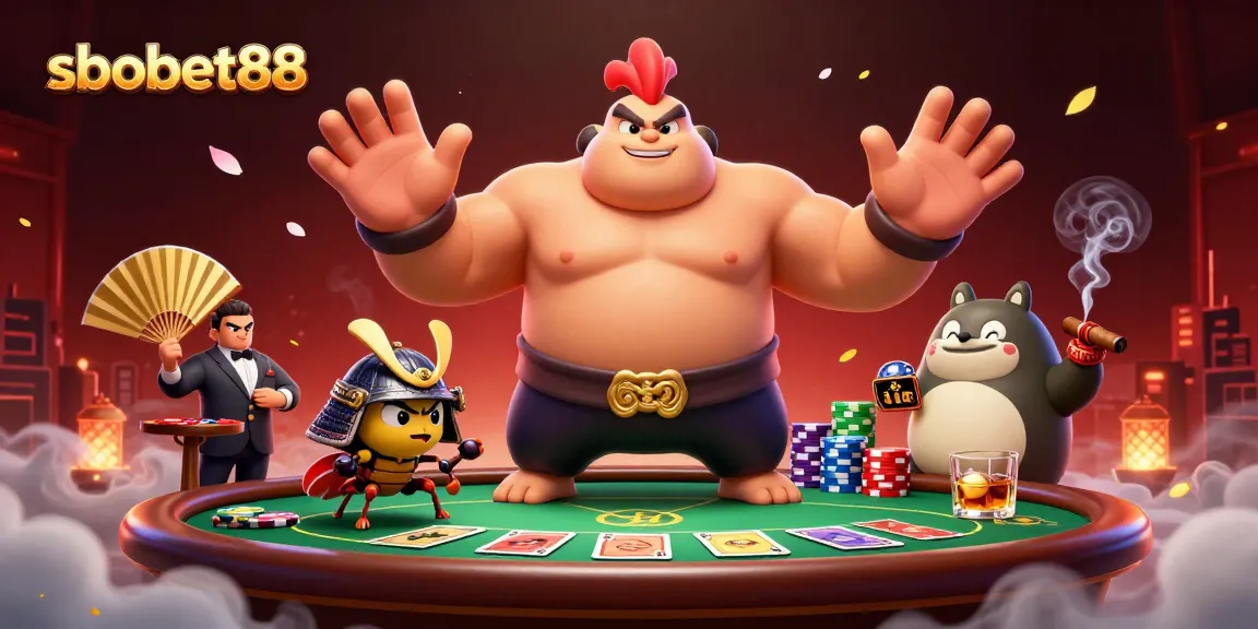 sbobet88 showcases thrilling poker gameplay with a cartoon sumo wrestler rooster and samurai cricket illustration.