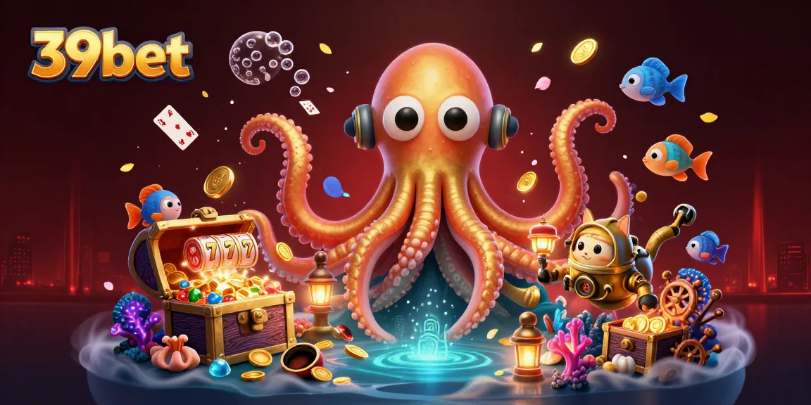 Join the adventure with 39bet's kraken and diving cat amidst sparkling casino treasures.