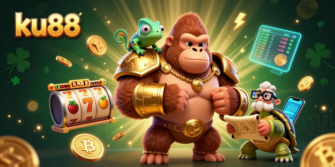 Spin to win with ku88 in this vibrant casino illustration showcasing slot machines and crypto elements.