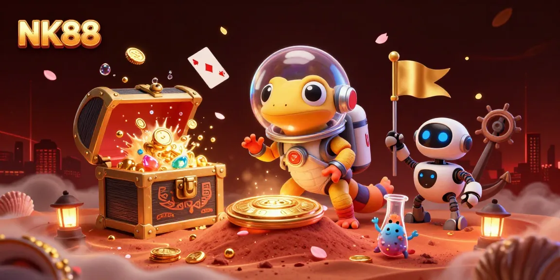 Experience the thrill of NK88 as a Martian gecko uncovers a hidden casino amidst vibrant casino-themed elements.