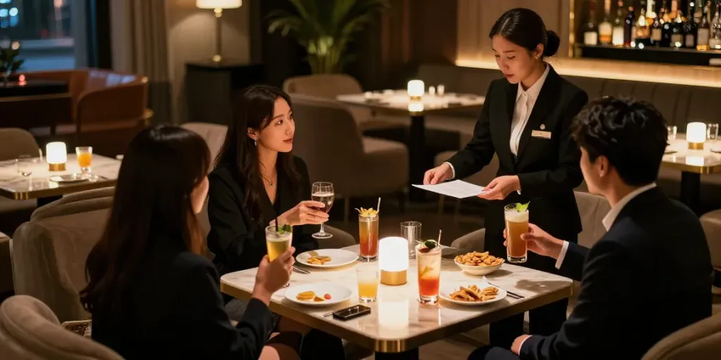 강남구구단 쩜오의 고급스러운 독립 룸에서 친구들이 음료를 즐기는 모습