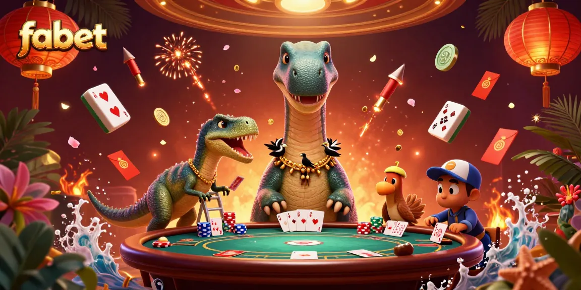 Fabet's captivating casino illustration showcasing a brontosaurus amid gaming elements for an immersive experience.