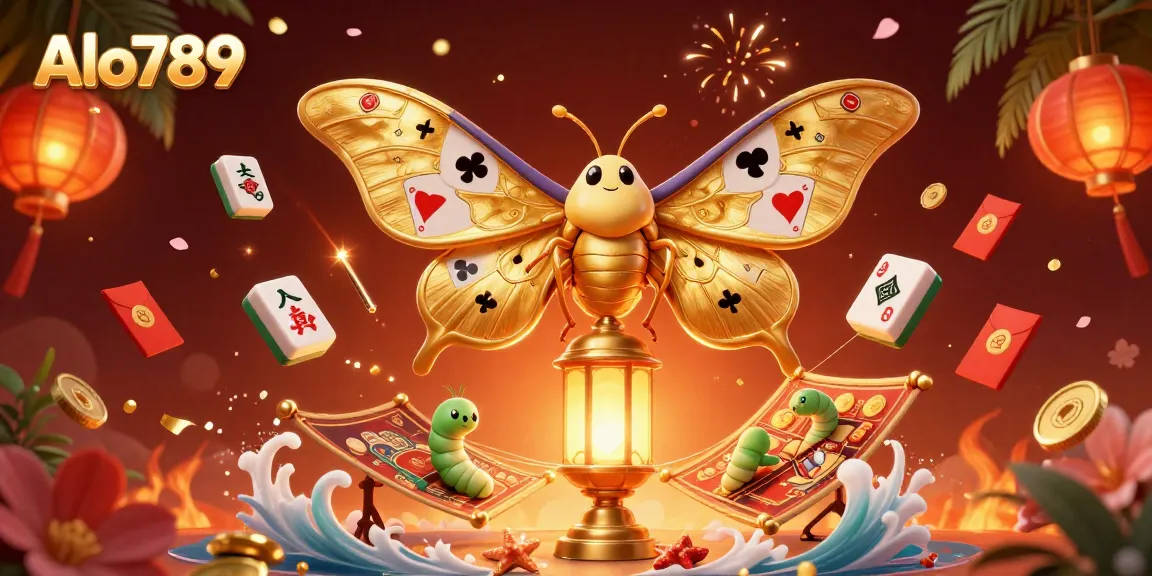 Alo789's vibrant casino scene featuring a golden moth and festive elements enhancing the gambling experience.