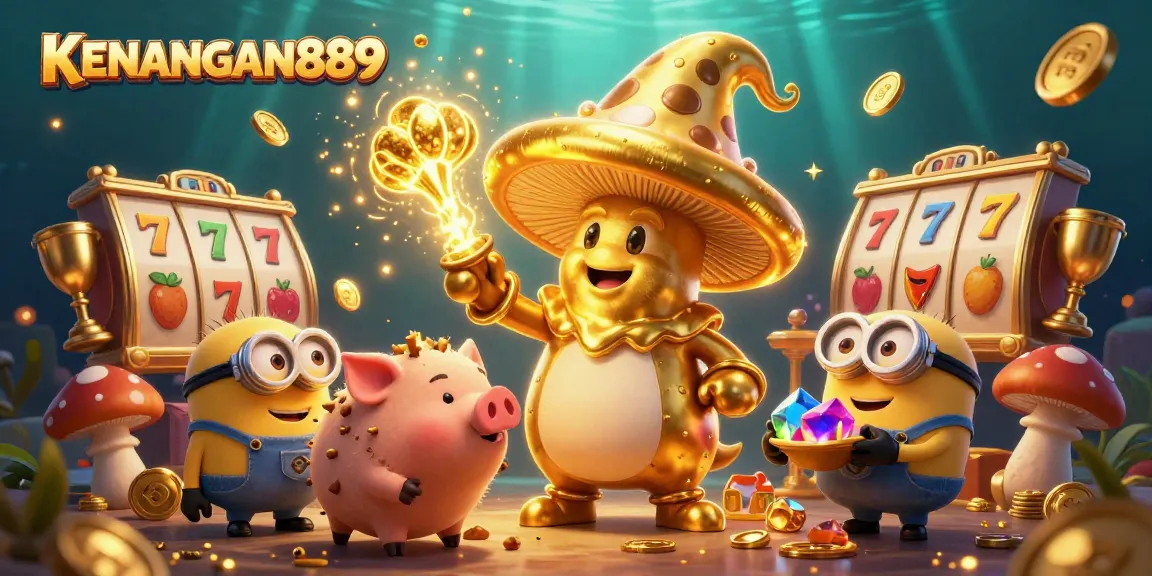 KENANGAN889 enchants players with golden mushroom wizard amidst dynamic slot reels and gold coins.