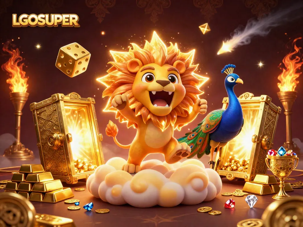 Experience the thrill with LGOSUPER's dynamic casino illustration showcasing golden elements and a roaring lion.